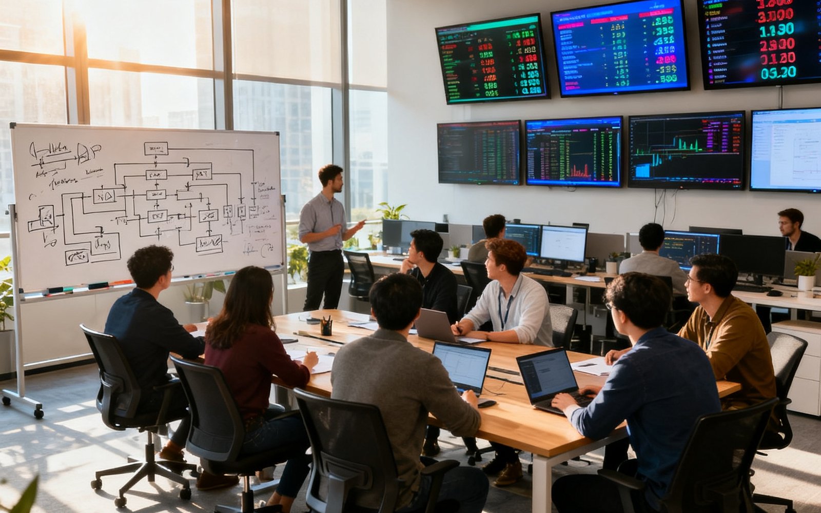 开放式办公室内，十几位技术团队成员围坐在长桌旁讨论数据架构方案，白板上画满了系统架构图，墙上多块屏幕显示实时比分数据，阳光从落地窗洒入，氛围专注而充满活力。