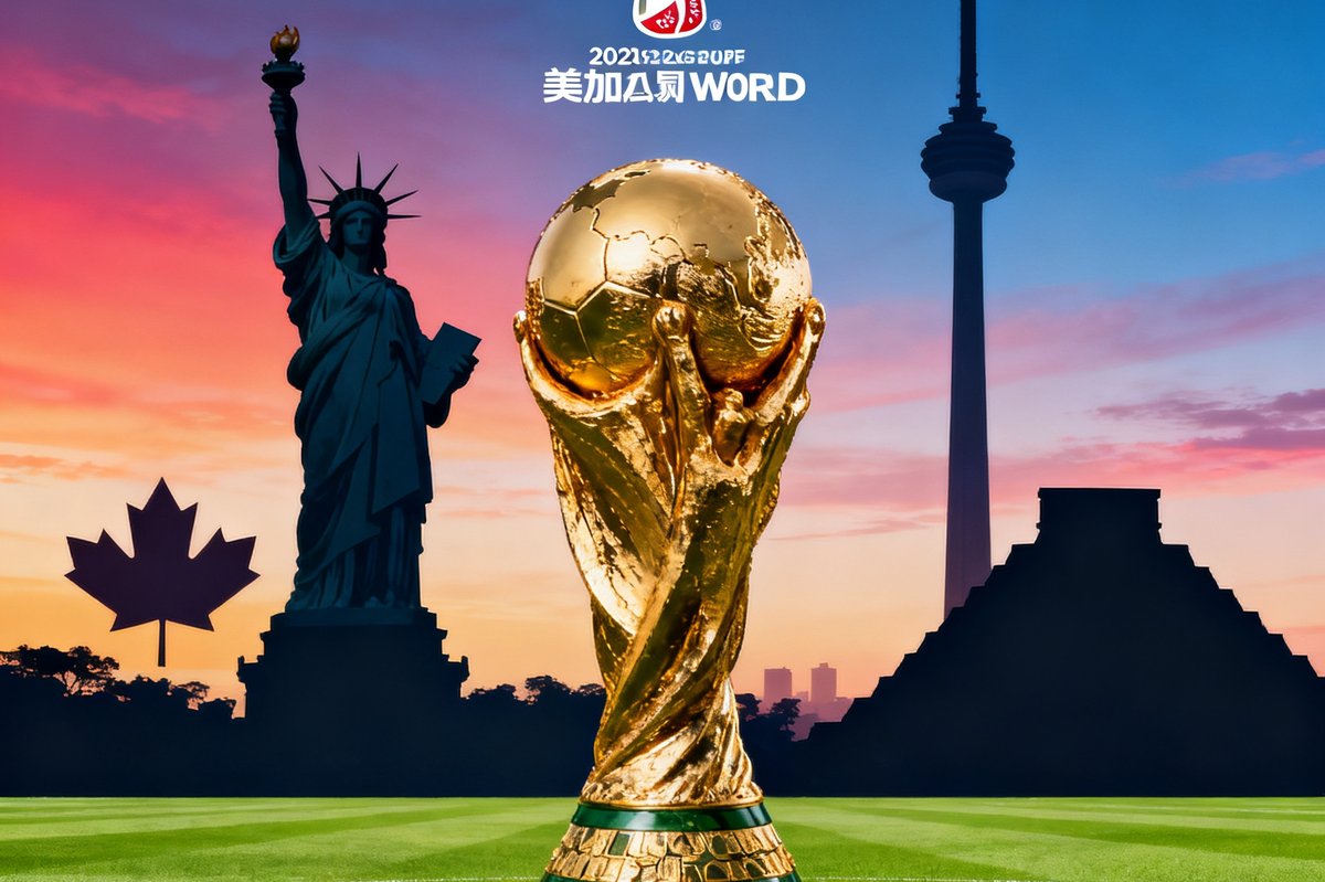 2026年美加墨世界杯宣传概念图，金色大力神杯矗立在绿茵场中央，背景是北美三国标志性建筑剪影，天空呈现赛事主题色彩渐变。