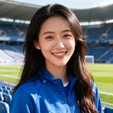 一位25岁左右的中国女性球迷头像，长发披肩面带微笑，穿着蓝色运动外套，背景是户外足球场看台。